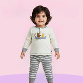 Soft Cotton Baby Set - Beige Bear Top & Grey Striped Bottoms